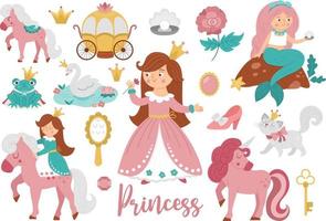 Fairy tale princess collection. Big vector set of fantasy girl, mermaid, unicorn frog prince, swan. Medieval fairytale maid pack. Girlish cartoon magic icons with cute pink objects and characters.