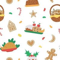 Vector seamless pattern with traditional Christmas desserts and dishes. Cute funny repeating background new year meal. Digital paper with winter food.