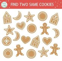 Find two same cookies. Christmas matching activity for children. Funny educational winter logical quiz worksheet for kids. Simple printable New Year game with gingerbread vector
