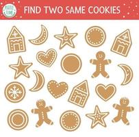 encontrar dos galletas iguales. Actividad de emparejamiento navideño para niños. divertida hoja de trabajo de prueba lógica educativa de invierno para niños. simple juego de año nuevo imprimible con pan de jengibre vector