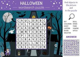 Vector Halloween wordsearch puzzle for kids. Simple crossword with haunted house and traditional scary objects for children. Educational keyword activity with funny witch, vampire, ghost, bat