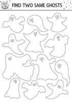 Find two same ghosts. Halloween black and white matching activity for children. Funny autumn quiz worksheet or coloring page for kids. Simple printable line game with scary spooks vector