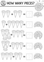 How many pieces line game with cute pumpkin pie. Autumn black and white Thanksgiving math addition activity for preschool kids. Printable simple counting worksheet with fall holiday food vector