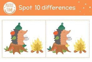 Autumn find differences game for children. Fall season educational activity with hedgehog sitting in a stump near the fire. Printable worksheet with funny smiling animal. Cute forest scene vector