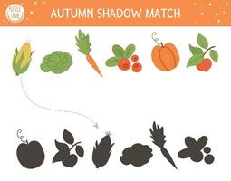 Autumn shadow matching activity for children. Fall season puzzle with cute vegetables. Simple educational game for kids with harvest. Find the correct silhouette printable worksheet. vector