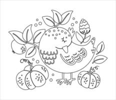 Cute black and white composition with sleeping bird and pumpkins. Vector autumn outline print design isolated on white background. Fall season linear art woodland animal