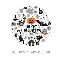 Vector round frame with Halloween elements. Traditional Samhain party clipart. Scary design for banners, posters, invitations. Cute Autumn holiday card template in circle shape.