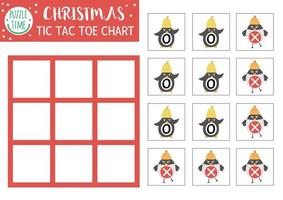 Vector Christmas tic tac toe chart with penguin and bullfinch. Winter board game playing field with traditional characters. Funny recreational printable worksheet for kids. Noughts and crosses grid