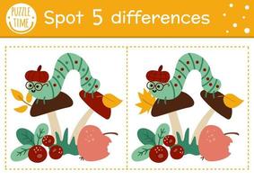 Find differences game for children. Autumn forest educational activity with caterpillar and mushroom. Printable worksheet with cute insect. Woodland puzzle for kids. Fall preschool sheet vector