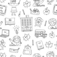 Back to school black and white vector seamless pattern. Educational outline digital paper. Cute line classroom objects background or coloring page with teacher, pupils, kawaii elements.