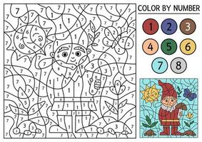 Vector spring color by number activity with gnome, sun, baby plants and butterfly. Garden counting game with cute dwarf. Funny farm or nature scene coloring page for kids.