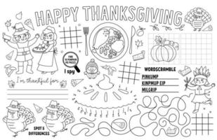 Vector Thanksgiving placemat for kids. Fall holiday printable activity mat with maze, tic tac toe charts, connect the dots, find difference. Black and white autumn play mat or coloring page