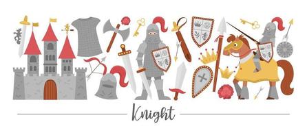 Vector horizontal border set with cute fairy tale knight armor. Fairytale card template design with fantasy armored warrior and castle. Medieval soldier border with sword, shield, horse, crown