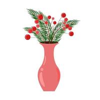 Christmas home interior decor. Vase with fir tree branches and winter berries. Holiday decoration isolated. Vector illustration.
