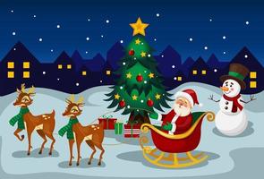 Christmas landscape Santa Claus in sleigh with reindeer - Vector