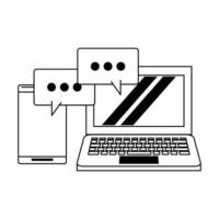 computer and cellphone with speech bubble black and white vector