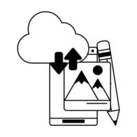 cellphone with cloud transfer pencil vector