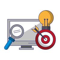 computer with light bulb magnifying glass and target vector