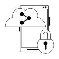 cellphone with padlock and cloud sharing in black and white vector