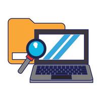 computer with magnifying glass and document blue lines vector