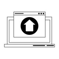 computer with upload sign in black and white vector