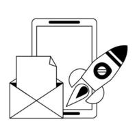 tablet with envelope and rocket in black and white vector