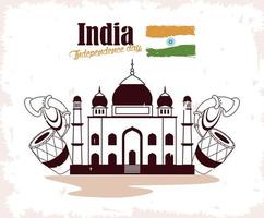 india independence lettering mosque vector