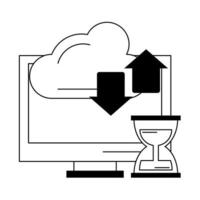 Computadora con reloj de arena y transferencia de nubes en blanco y negro vector