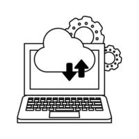 computer with cloud tranfer symbol and gears black and white vector