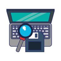 computer with magnifying glass and document blue lines vector