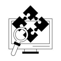 computer puzzle and magnifying glass in black and white vector