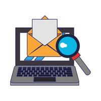 computer with magnifying glass and document blue lines vector