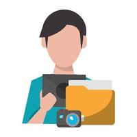 man using tablet with documents and camera vector