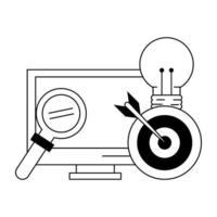 computer with light bulb magnifying glass and target in black and white vector