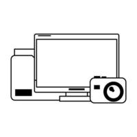 computer with documents folder and camera black and white vector