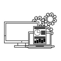 computer with documents and gears in black and white vector