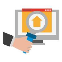 computer with upload sign and magnifying glass vector