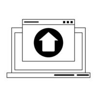 computer with upload sign in black and white vector