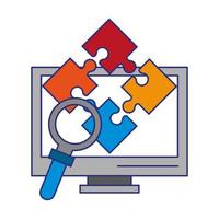 computer puzzle and magnifying glass vector