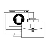 computer with upload sign and briefcase in black and white vector