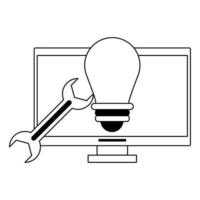 computer light bulb and wrench in black and white vector