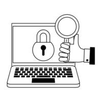 computer with padlock and magnifying glass in black and white vector
