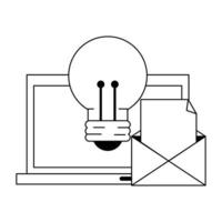 computer with light bulb and envelope in black and white vector