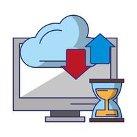 computer with hourglass and cloud transfer vector