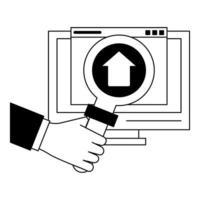 computer with upload sign and magnifying glass in black and white vector