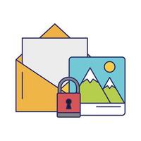 mountain landscape padlock and envelope blue lines vector