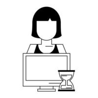 computer with hourglass in black and white vector