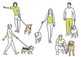 Set Of Happy Dog Walkers With Their Pets On Leashes. Vector Simple Flat Line Drawings Isolated On A White Background.