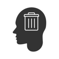 Human head with trashcan inside glyph icon. Silhouette symbol. Thoughts about environment pollution. Negative space. Vector isolated illustration