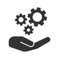 Open hand with cogwheels glyph icon. Technology progress. Silhouette symbol. Devices and machines care. Negative space. Vector isolated illustration